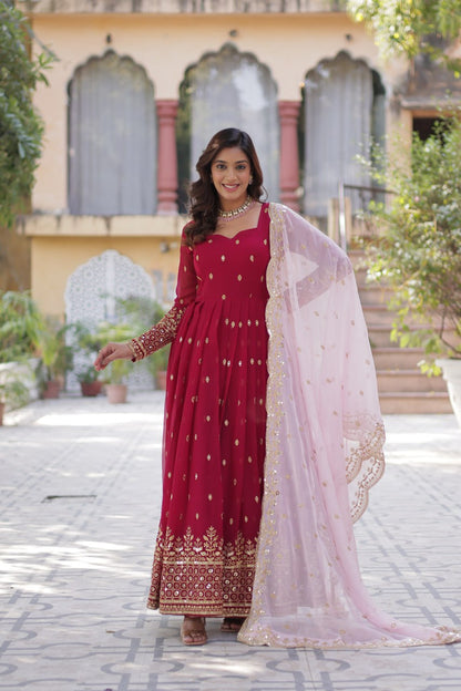 Party Wear Maroon Color aux Blooming With Embroidery Zari Sequins Work Designer Gown