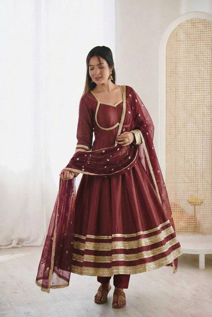 Arti Chauhan Wear Maroon Color Sequence Cosmos Gold Anarkali Suit With Dupatta