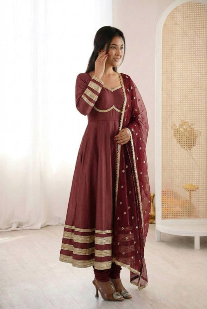 Arti Chauhan Wear Maroon Color Sequence Cosmos Gold Anarkali Suit With Dupatta