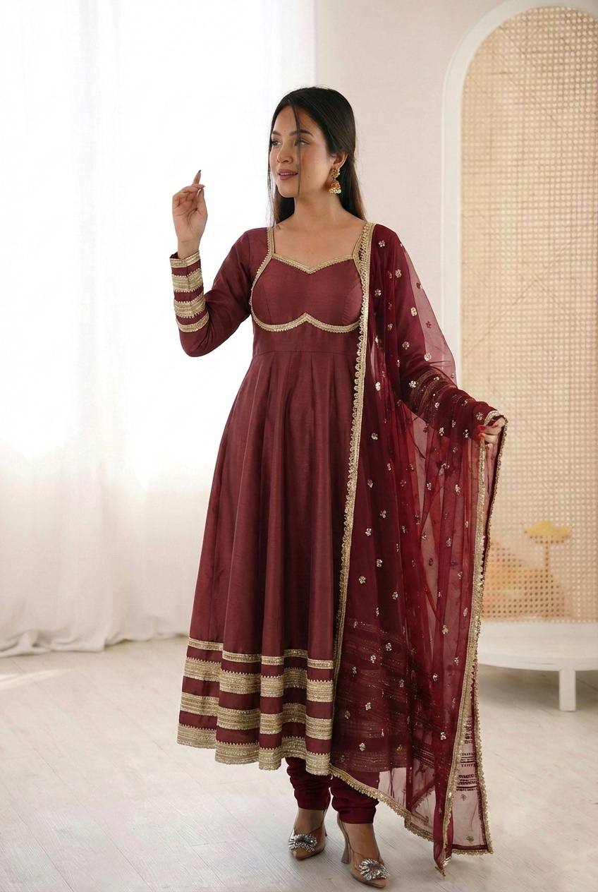 Arti Chauhan Wear Maroon Color Sequence Cosmos Gold Anarkali Suit With Dupatta