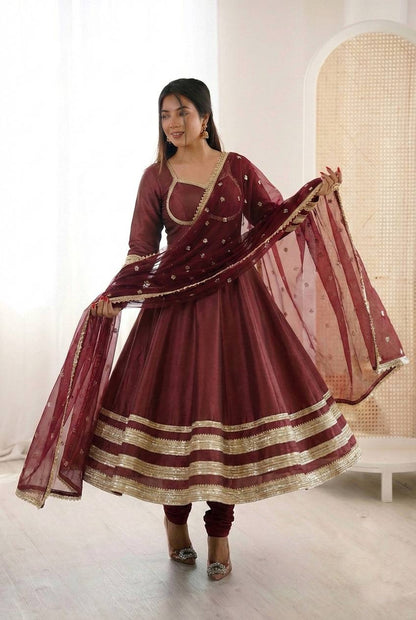 Arti Chauhan Wear Maroon Color Sequence Cosmos Gold Anarkali Suit With Dupatta