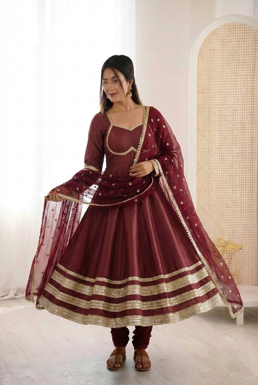 Arti Chauhan Wear Maroon Color Sequence Cosmos Gold Anarkali Suit With Dupatta