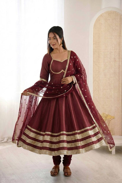 Arti Chauhan Wear Maroon Color Sequence Cosmos Gold Anarkali Suit With Dupatta