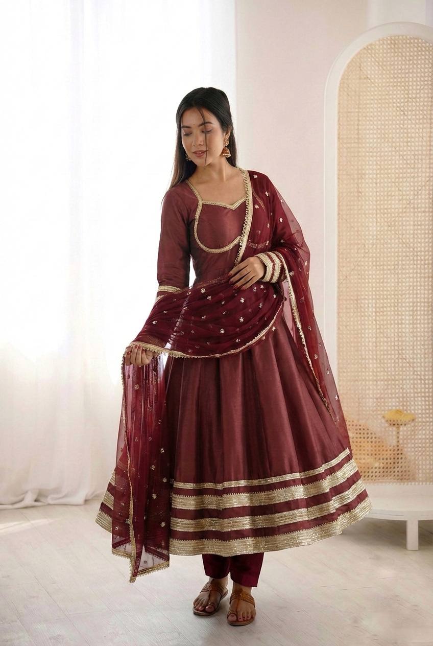 Arti Chauhan Wear Maroon Color Sequence Cosmos Gold Anarkali Suit With Dupatta