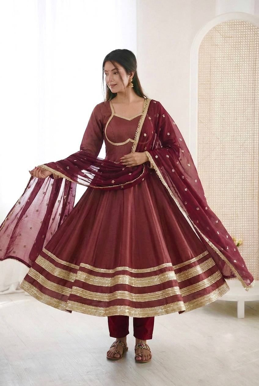 Arti Chauhan Wear Maroon Color Sequence Cosmos Gold Anarkali Suit With Dupatta