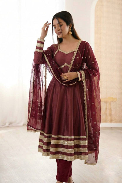 Arti Chauhan Wear Maroon Color Sequence Cosmos Gold Anarkali Suit With Dupatta