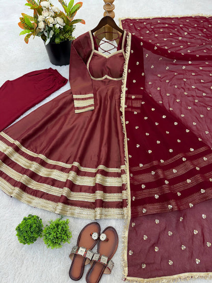 Arti Chauhan Wear Maroon Color Sequence Cosmos Gold Anarkali Suit With Dupatta