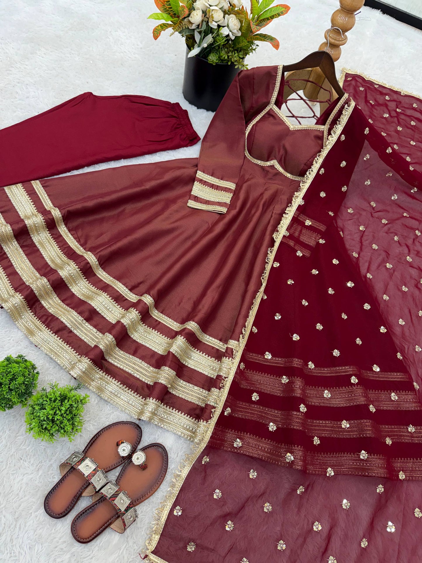Arti Chauhan Wear Maroon Color Sequence Cosmos Gold Anarkali Suit With Dupatta
