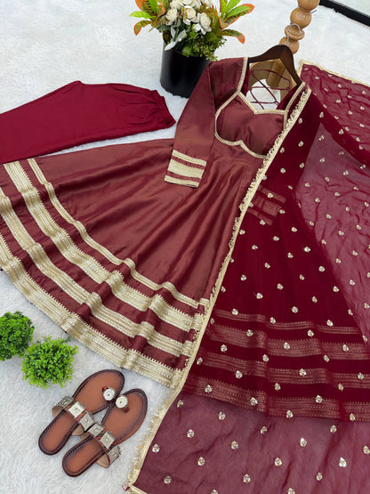 Arti Chauhan Wear Maroon Color Sequence Cosmos Gold Anarkali Suit With Dupatta