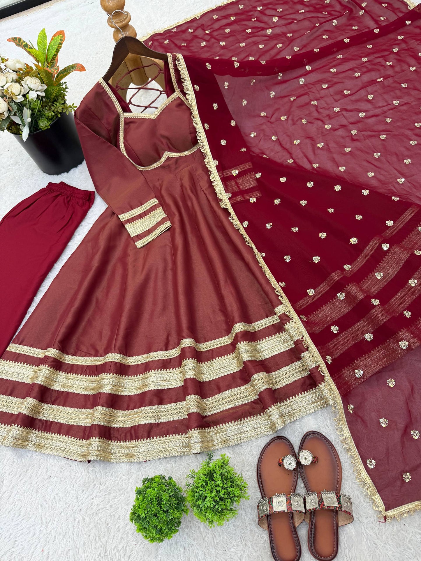 Arti Chauhan Wear Maroon Color Sequence Cosmos Gold Anarkali Suit With Dupatta