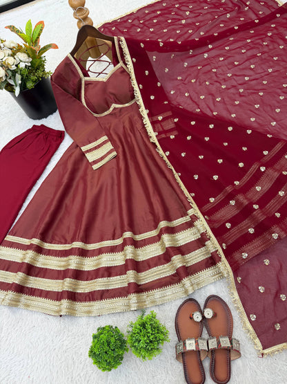 Arti Chauhan Wear Maroon Color Sequence Cosmos Gold Anarkali Suit With Dupatta