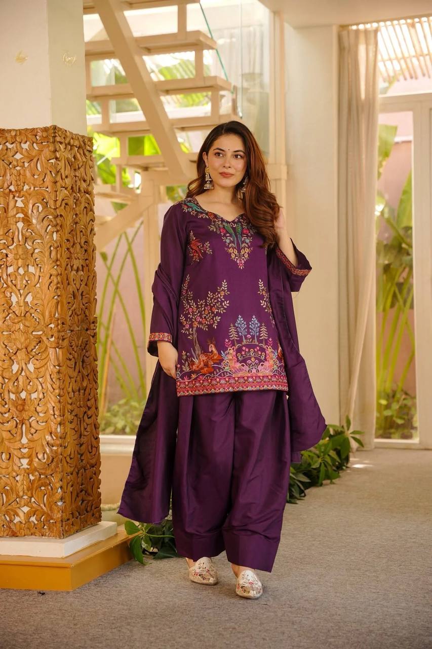 Stylish Wine Color Heavy Reyon Suit With Farshi Palazzo Set