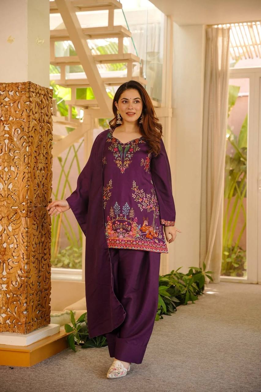 Stylish Wine Color Heavy Reyon Suit With Farshi Palazzo Set