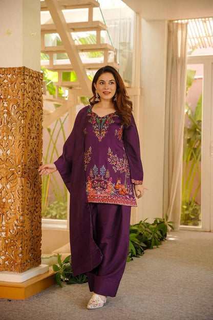 Stylish Wine Color Heavy Reyon Suit With Farshi Palazzo Set