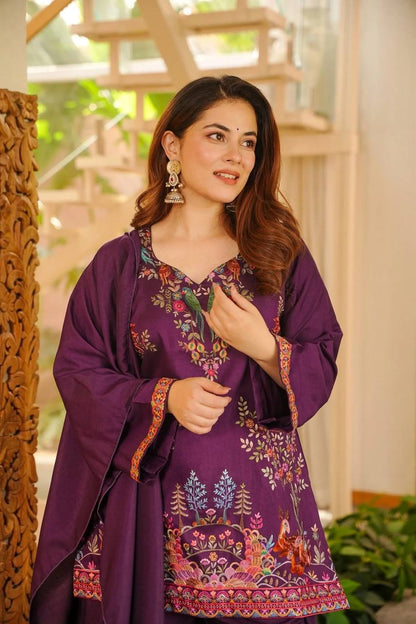 Stylish Wine Color Heavy Reyon Suit With Farshi Palazzo Set