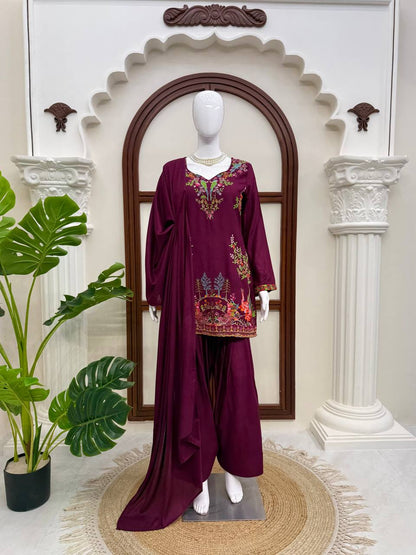 Stylish Wine Color Heavy Reyon Suit With Farshi Palazzo Set