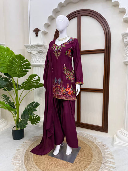 Stylish Wine Color Heavy Reyon Suit With Farshi Palazzo Set