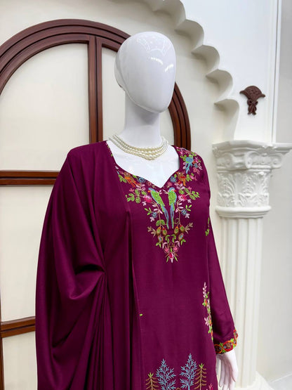 Stylish Wine Color Heavy Reyon Suit With Farshi Palazzo Set