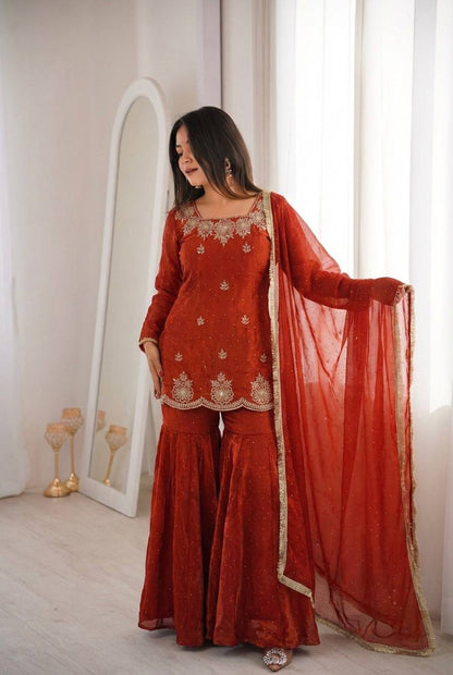 Arti Chauhan Wear Orange Color Designer Zarkan Diamond Work Sharara Set