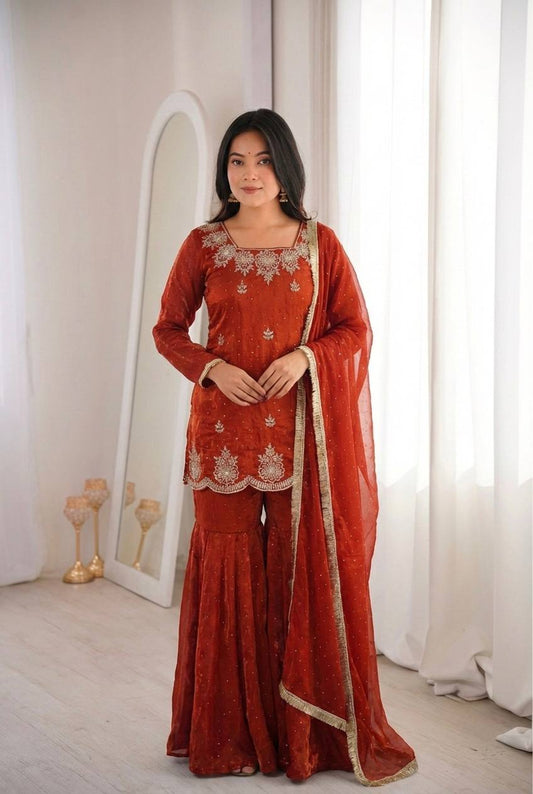 Arti Chauhan Wear Orange Color Designer Zarkan Diamond Work Sharara Set