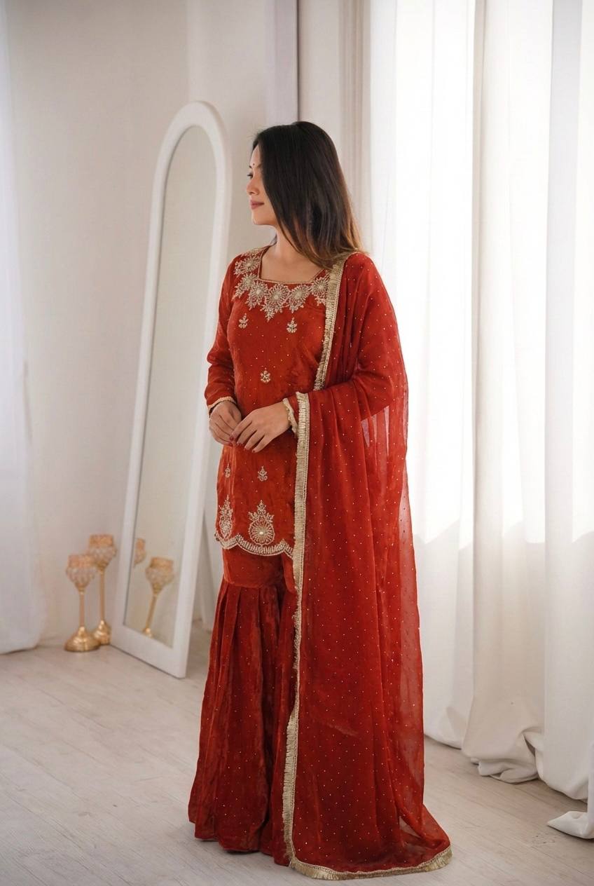 Arti Chauhan Wear Orange Color Designer Zarkan Diamond Work Sharara Set