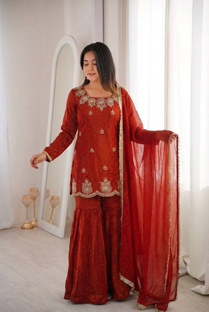 Arti Chauhan Wear Orange Color Designer Zarkan Diamond Work Sharara Set