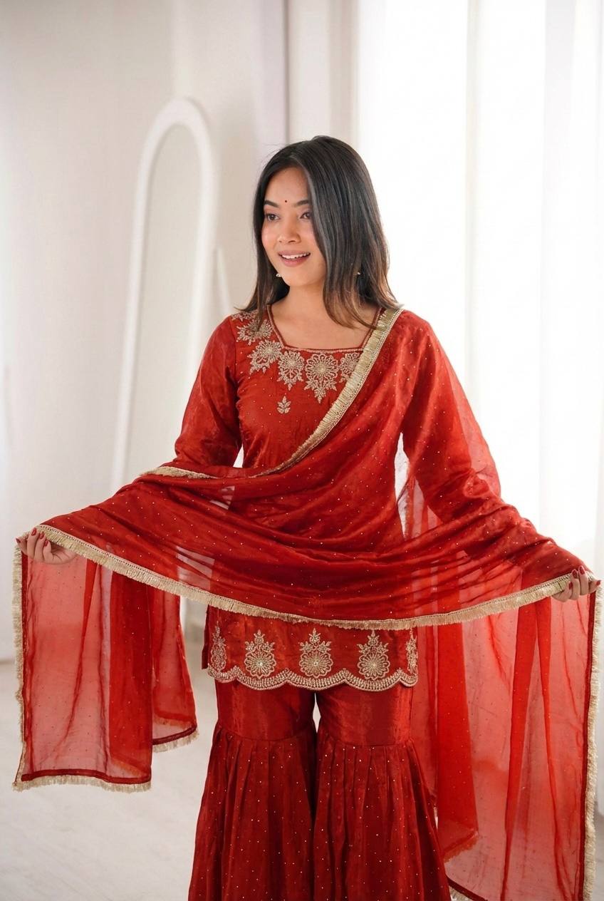 Arti Chauhan Wear Orange Color Designer Zarkan Diamond Work Sharara Set