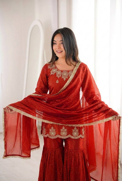 Arti Chauhan Wear Orange Color Designer Zarkan Diamond Work Sharara Set