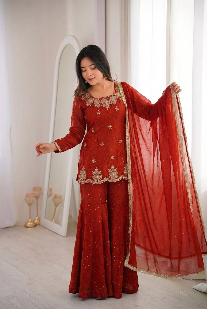 Arti Chauhan Wear Orange Color Designer Zarkan Diamond Work Sharara Set