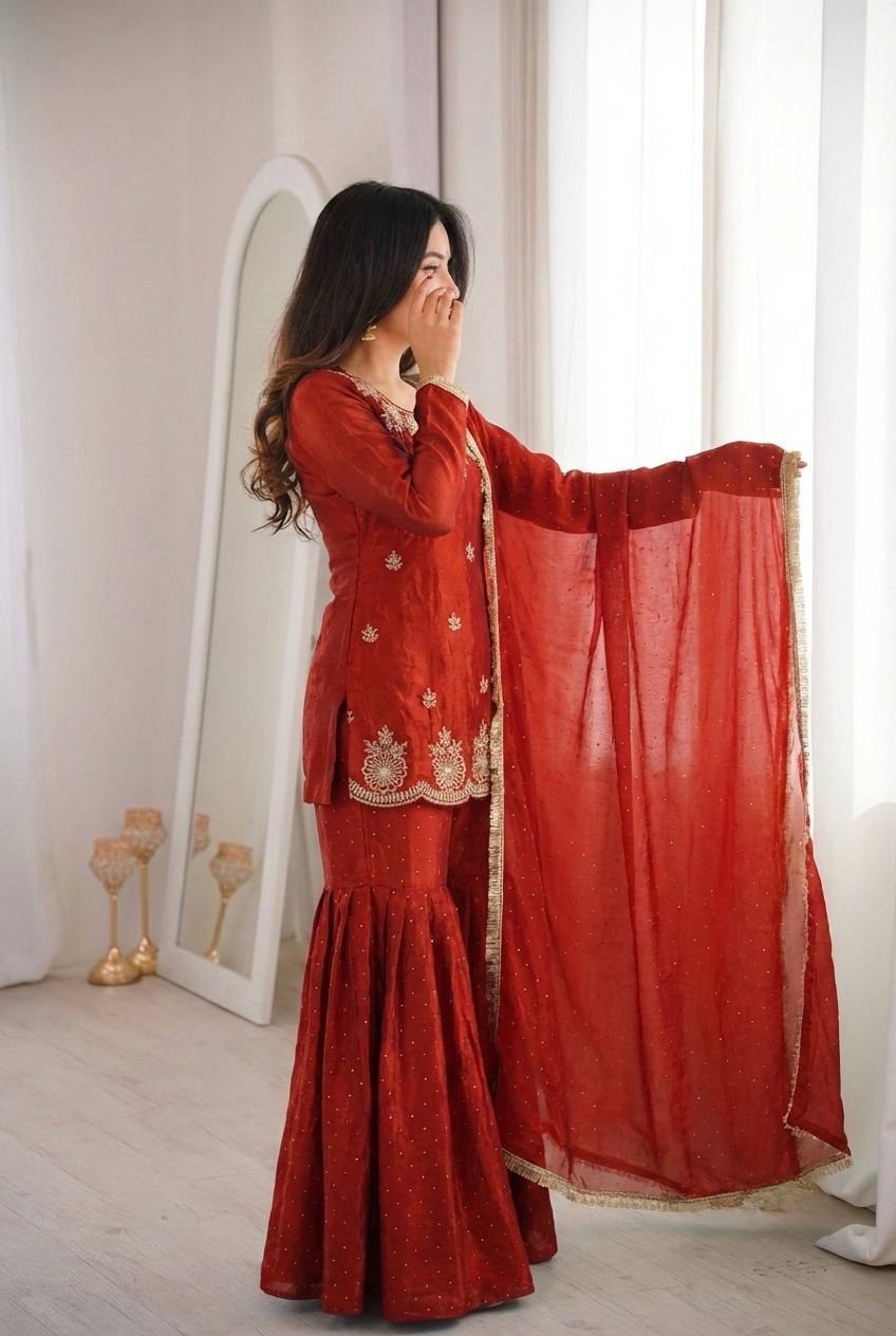 Arti Chauhan Wear Orange Color Designer Zarkan Diamond Work Sharara Set