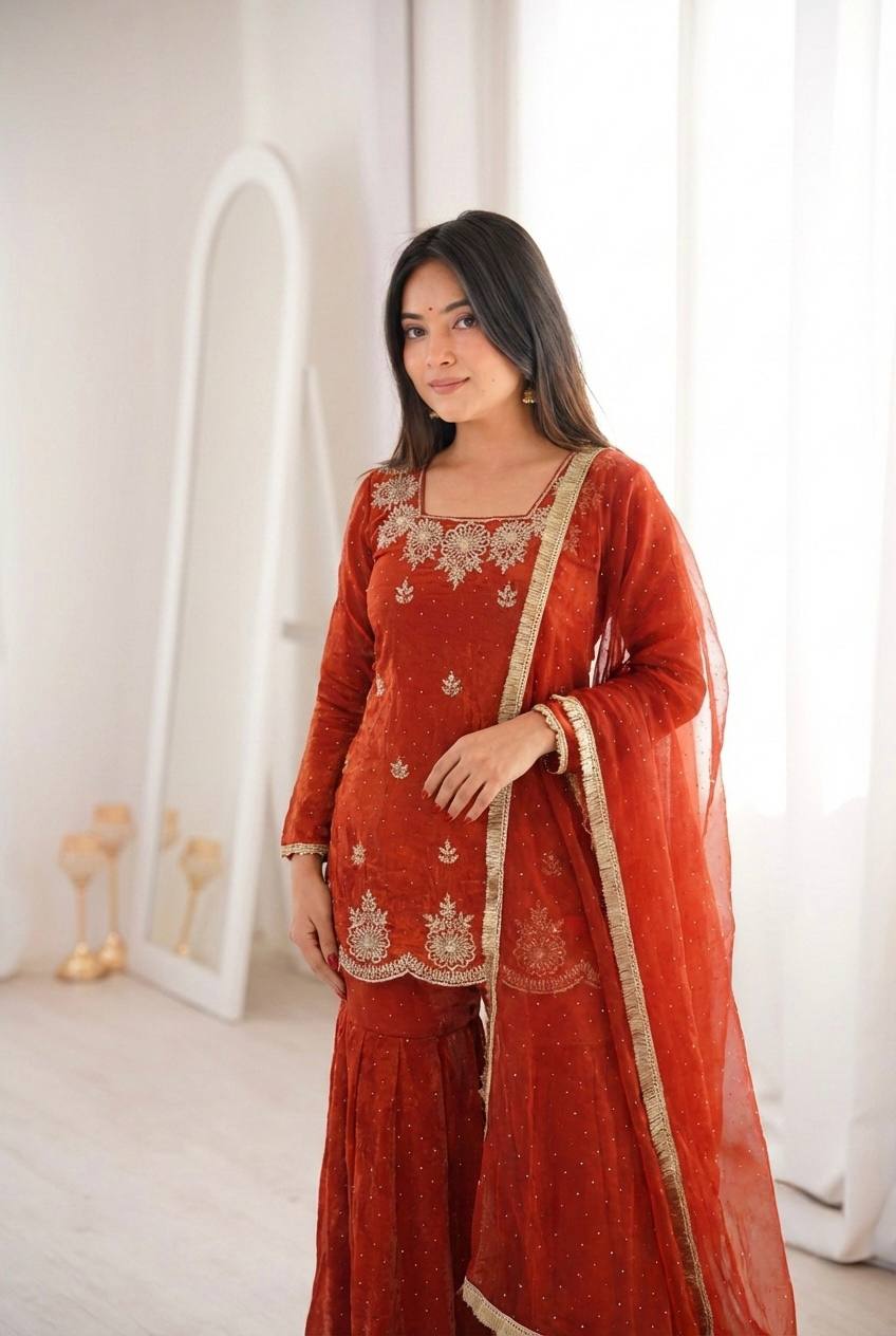 Arti Chauhan Wear Orange Color Designer Zarkan Diamond Work Sharara Set