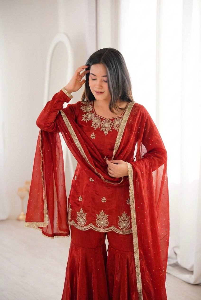 Arti Chauhan Wear Orange Color Designer Zarkan Diamond Work Sharara Set