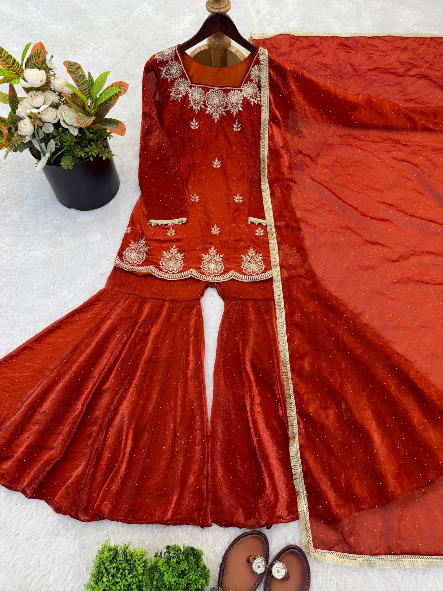 Arti Chauhan Wear Orange Color Designer Zarkan Diamond Work Sharara Set