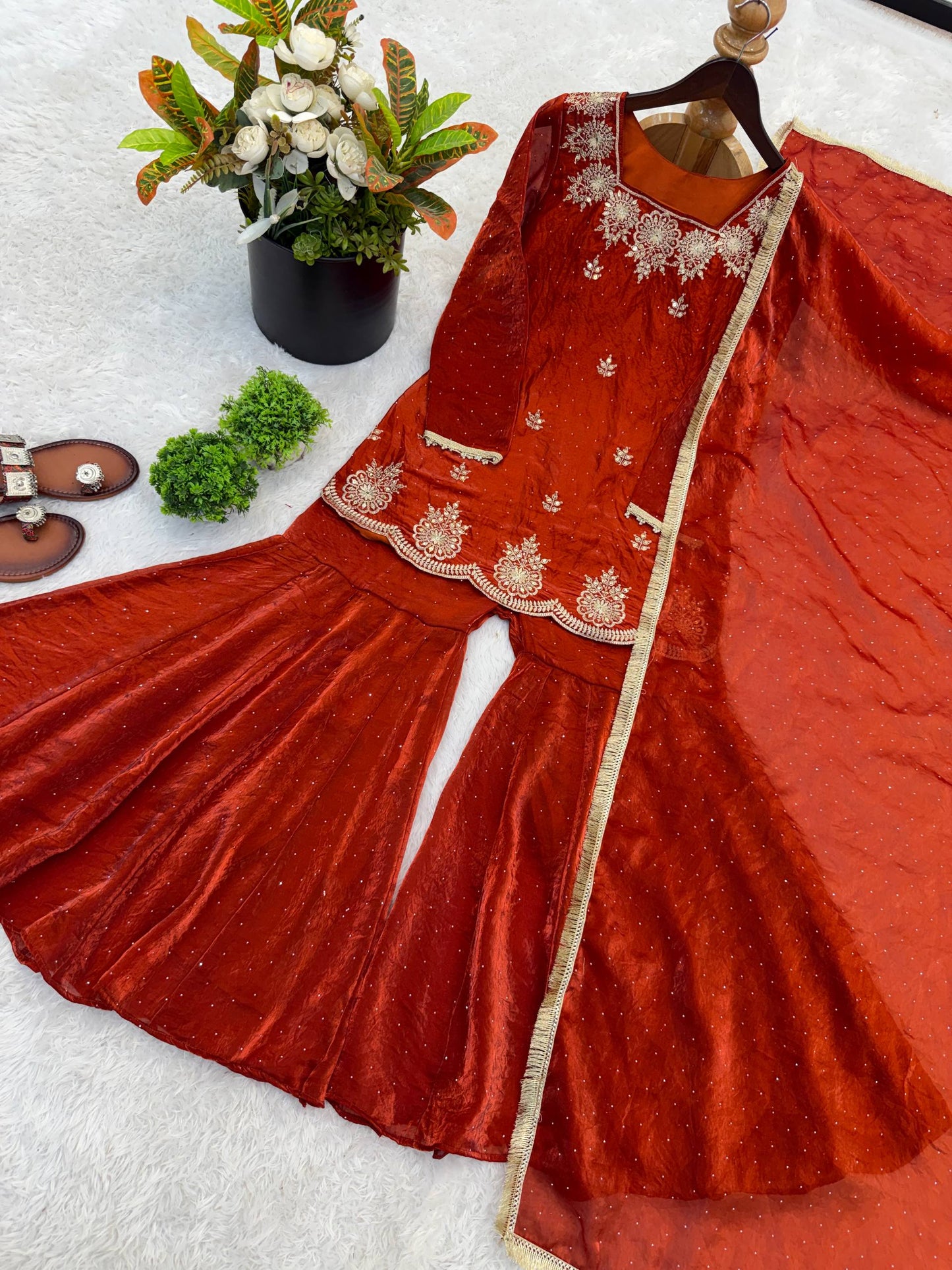 Arti Chauhan Wear Orange Color Designer Zarkan Diamond Work Sharara Set