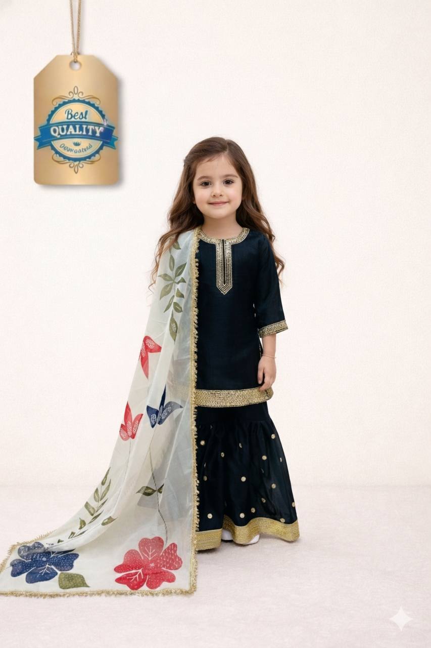Beautiful Black Color Sequence Embroidered Sharara Suit For Girls