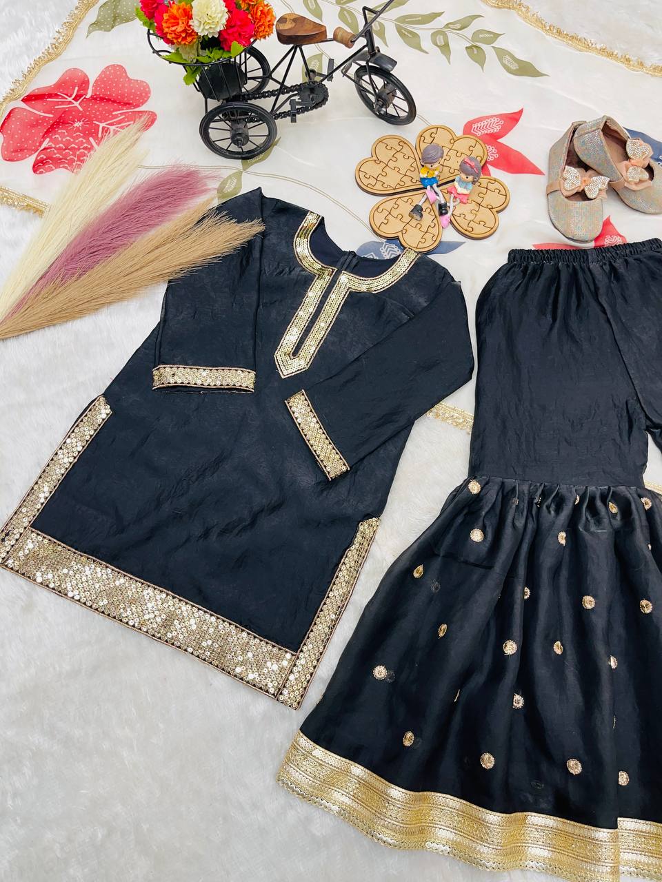 Beautiful Black Color Sequence Embroidered Sharara Suit For Girls