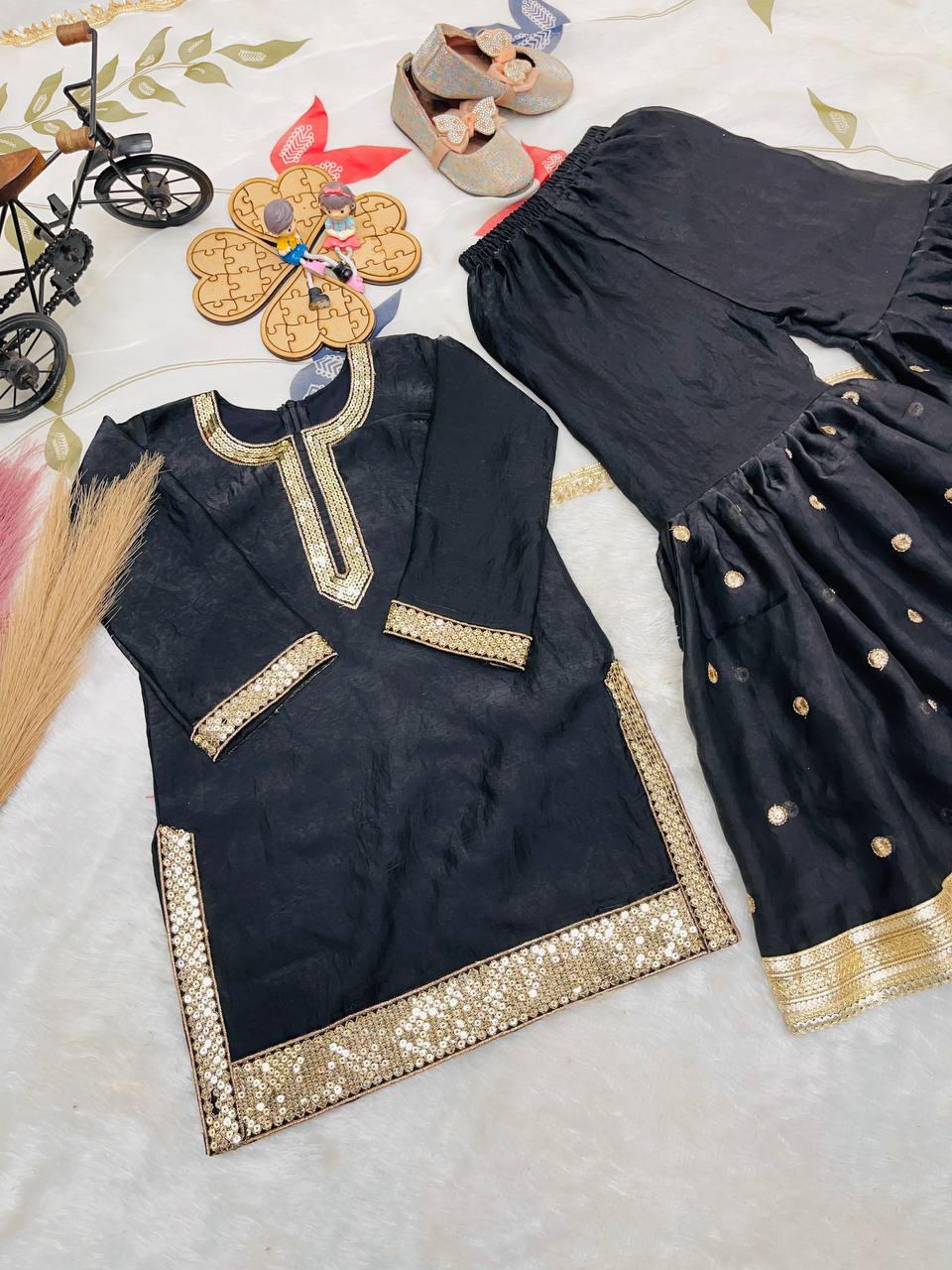Beautiful Black Color Sequence Embroidered Sharara Suit For Girls