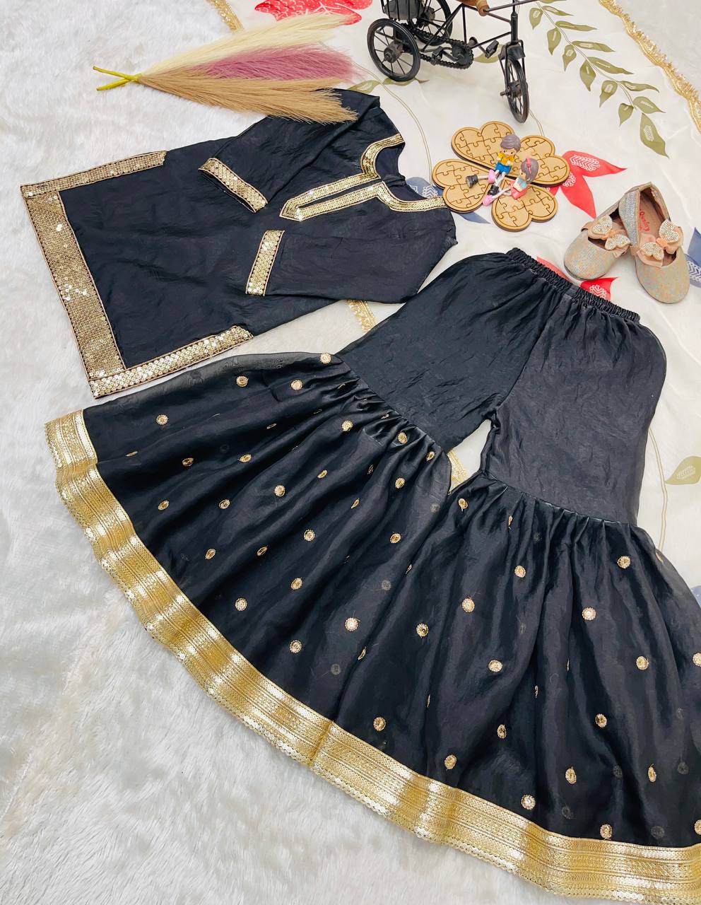 Beautiful Black Color Sequence Embroidered Sharara Suit For Girls