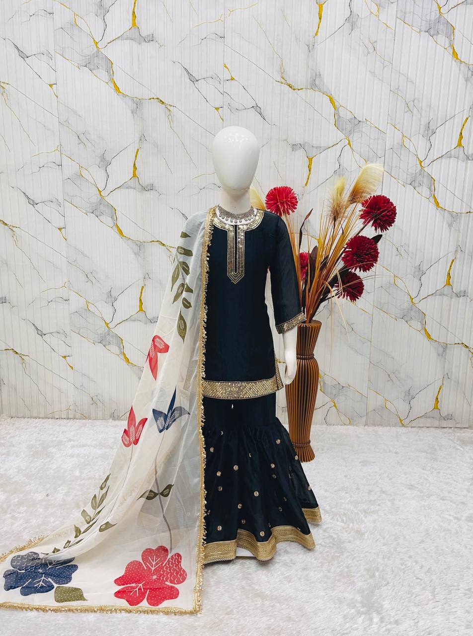Beautiful Black Color Sequence Embroidered Sharara Suit For Girls