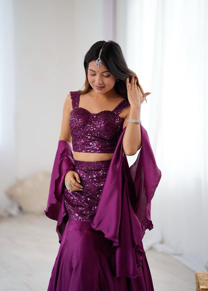 Arti Chauhan Wear Purple Color Designer Fishcut Skirt Set
