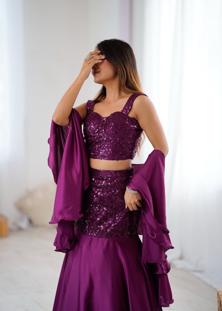 Arti Chauhan Wear Purple Color Designer Fishcut Skirt Set