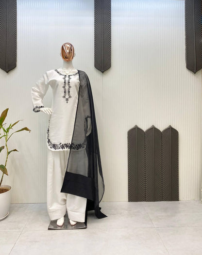 Graceful White Color Roman Silk With Embroidery Designer Salwar Suit