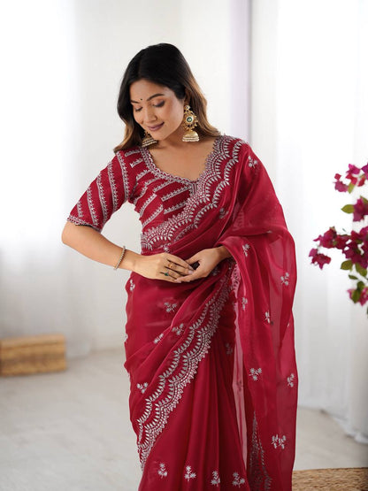 Exclusive Maroon Color Jimmy Chu And Thread With Sequence Work Saree