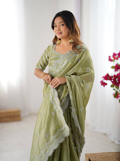 Exclusive Light Green Color Jimmy Chu And Thread With Sequence Work Saree