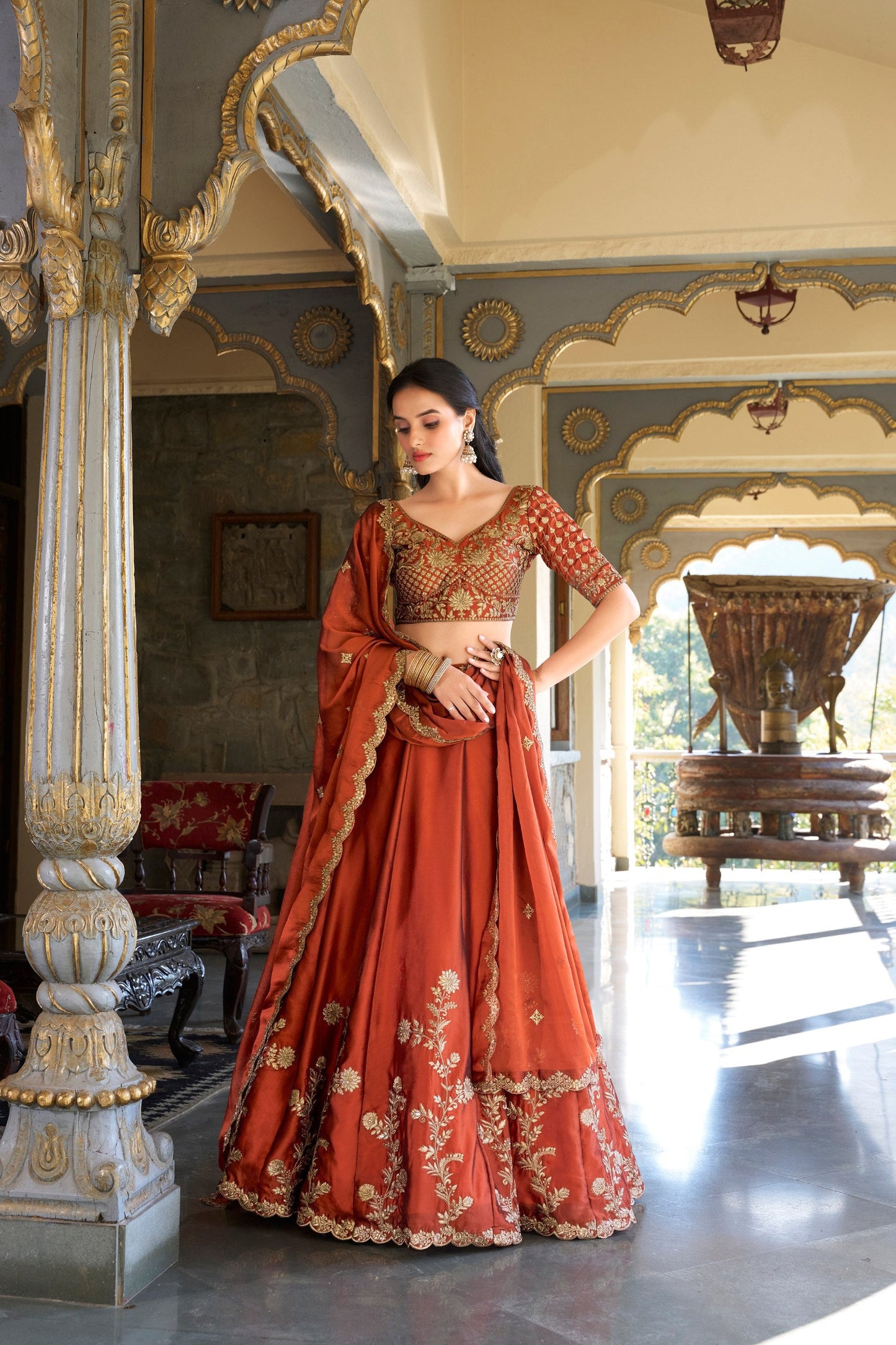 Party Wear Orange Color Rangoli Silk Sequins And Thread Embroidery Work Lehenga Choli