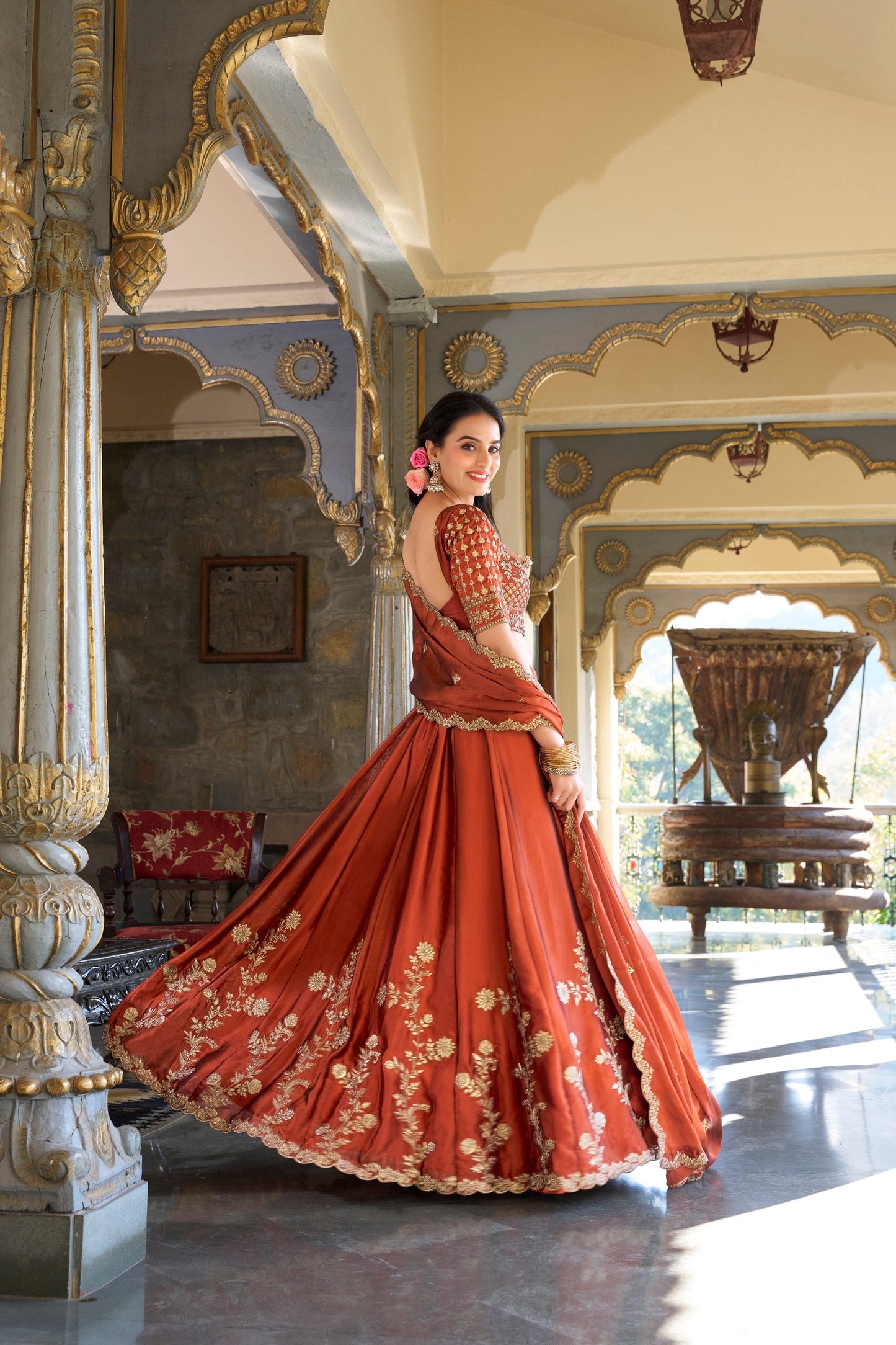 Party Wear Orange Color Rangoli Silk Sequins And Thread Embroidery Work Lehenga Choli