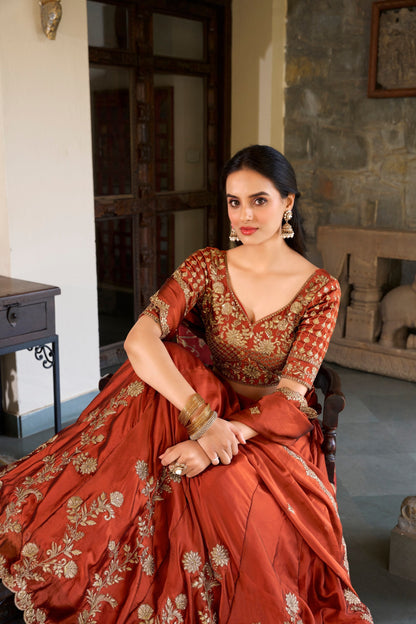 Party Wear Orange Color Rangoli Silk Sequins And Thread Embroidery Work Lehenga Choli