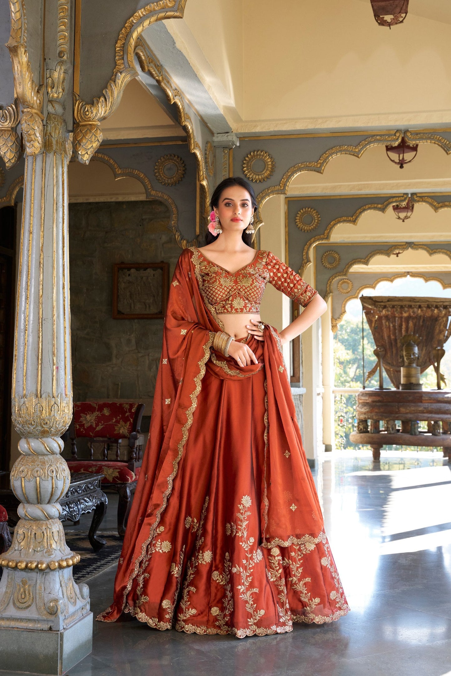 Party Wear Orange Color Rangoli Silk Sequins And Thread Embroidery Work Lehenga Choli