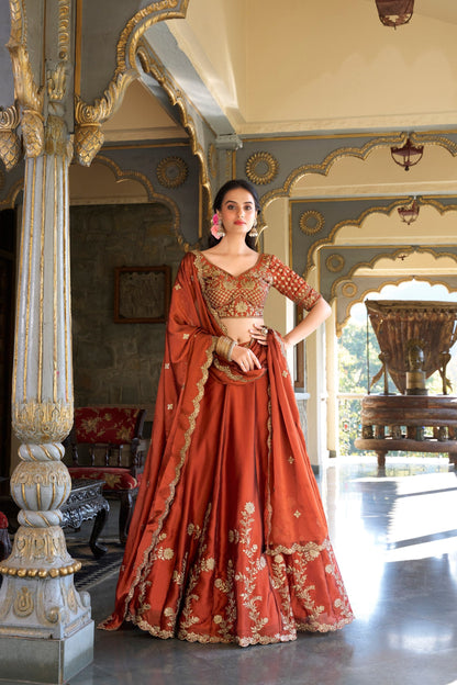 Party Wear Orange Color Rangoli Silk Sequins And Thread Embroidery Work Lehenga Choli