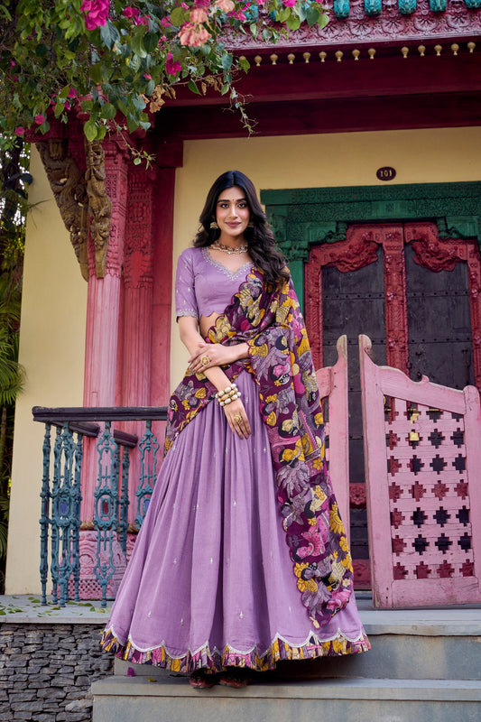 Exclusive Lavender Color Vichitra Silk Sequins And Thread Embroidery Work Lehenga Choli